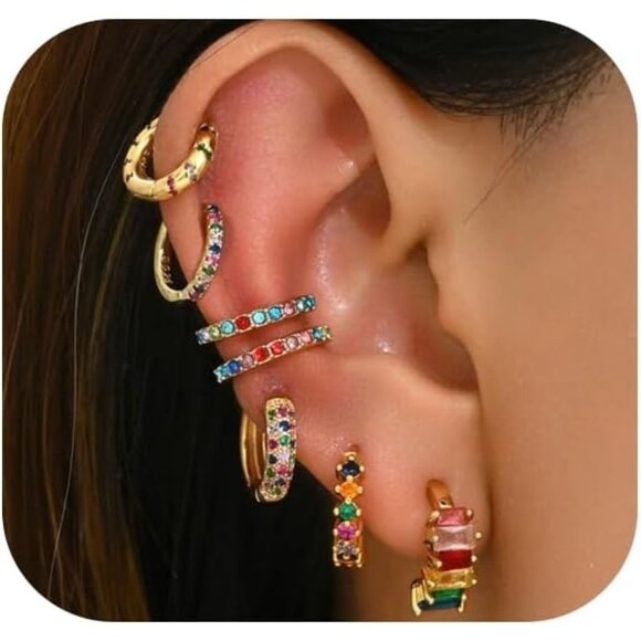 7Pcs14K Gold Plated Multiple Piercing Hypoallergenic Hoop Earrings Set for Women - Picture 1 of 8
